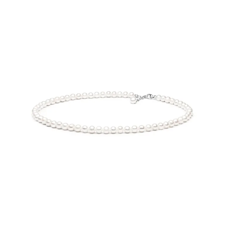 A classic pearl necklace featuring a string of lustrous white pearls, secured with a delicate silver clasp.